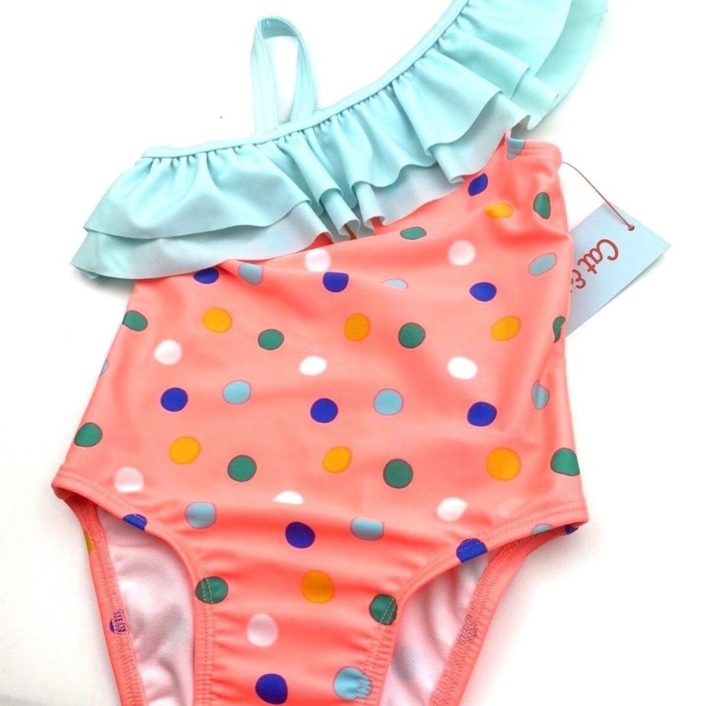 Cat & Jack Coral Polka Dot One-Piece Swimsuit with Aqua Ruffle